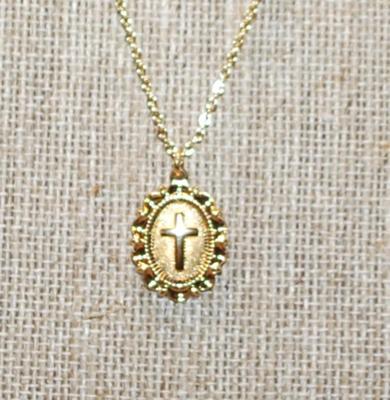 Gold Tone Oval Cross PENDANT (¾" x ½") on a Gold Tone Necklace Chain 17" L