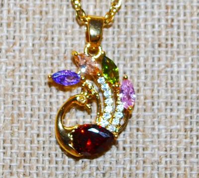 Beautiful PEACOCK PENDANT (¾" x ½") with Red, Green, Pink, Clear & Purple Stones on a Gold Tone Necklace Chain 19" L