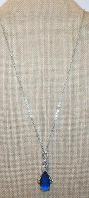 Large Dark Blue Teardrop PENDANT (1½" x ¾") on a Silver Tone Necklace Chain 16" L