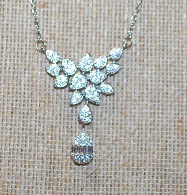 14 Pear Shaped Clear Stones Swag PENDANT (1 ½" x ½") on a Silver Tone Necklace Chain 17" L
