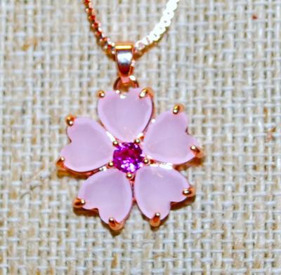 Opaque Pink Petals Flower PENDANT (¾" Diam.) & Deeper Pink Center on a Rose Gold Necklace Chain 17" L