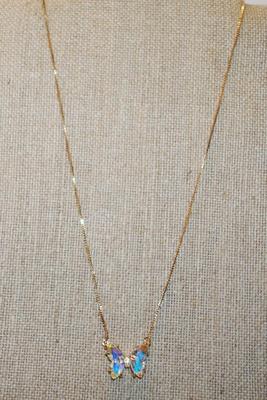 Iridescent Yellow/Blue Butterfly PENDANT (¾" x ¾") on a Gold Tone Necklace Chain 18" L