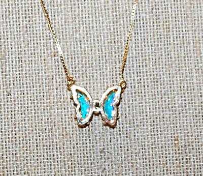 Iridescent Yellow/Blue Butterfly PENDANT (¾" x ¾") on a Gold Tone Necklace Chain 18" L