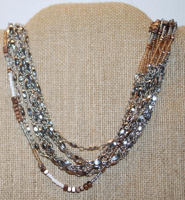 Heavily Beaded 11 Strands Browns Necklace with Shiny Silver Tone Neck Strands 30" L