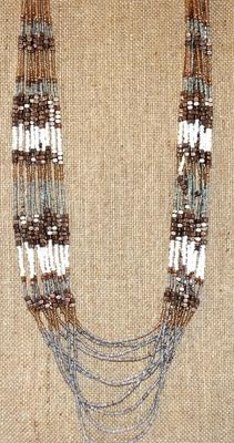 Heavily Beaded 11 Strands Browns Necklace with Shiny Silver Tone Neck Strands 30" L