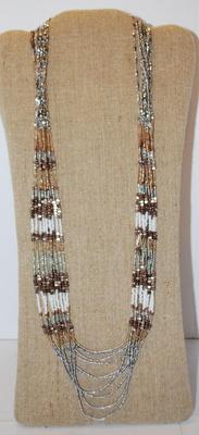 Heavily Beaded 11 Strands Browns Necklace with Shiny Silver Tone Neck Strands 30" L