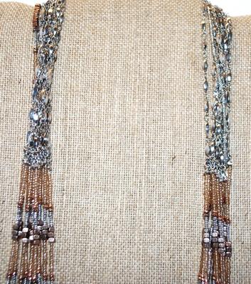 Heavily Beaded 11 Strands Browns Necklace with Shiny Silver Tone Neck Strands 30" L
