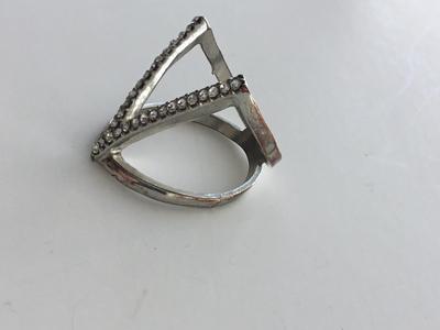 Silver tone letter v rhinestone ring