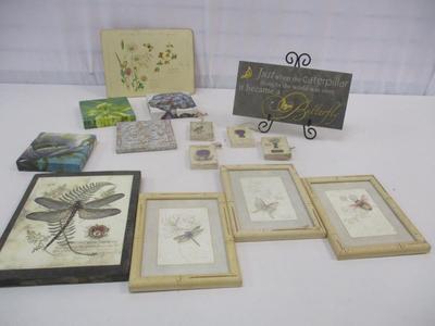 Canvas Wood & Stone Flowers Dragonflies Wall Decor