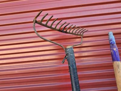 Large Barrel of Mixed Farm Tools and handles