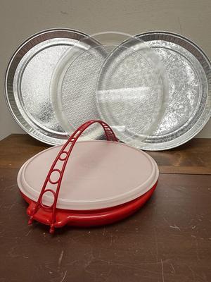Vintage 1980’s Tupperware Red Divided Dish with Handle Plus two Aluminum Trays