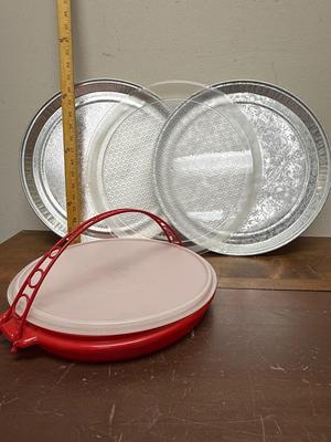 Vintage 1980’s Tupperware Red Divided Dish with Handle Plus two Aluminum Trays