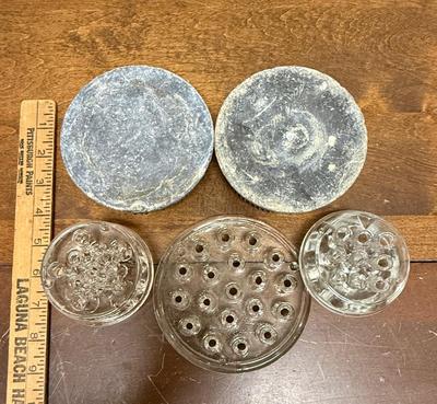 Vintage Flower Frog lot 3 - 3 glass 2 metal