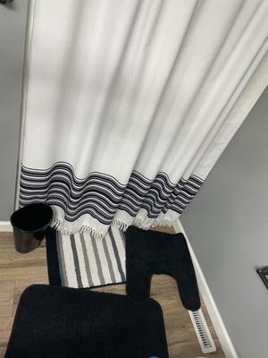 Shower curtain, rugs, and trashcan