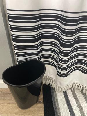 Shower curtain, rugs, and trashcan