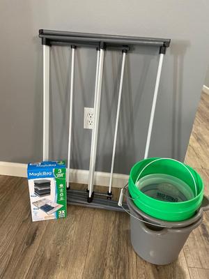 Drying rack, buckets, and magic bags