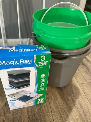 Drying rack, buckets, and magic bags