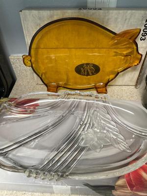 Signed casserole dish, Mikasa platter and groovy pig platter