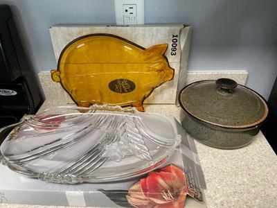 Signed casserole dish, Mikasa platter and groovy pig platter