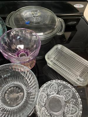 Glass plates, casserole, and covered dishes