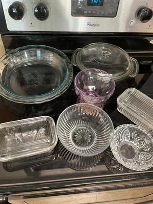 Glass plates, casserole, and covered dishes