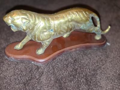 Brass Tiger on Wooden Base