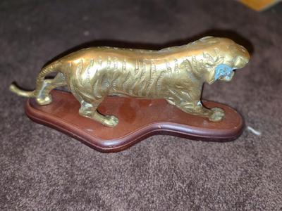Brass Tiger on Wooden Base