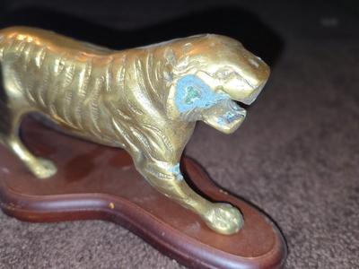 Brass Tiger on Wooden Base