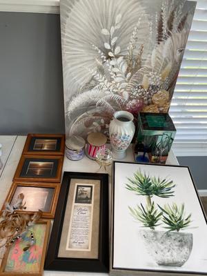 Wall art, candles, vase