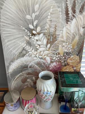 Wall art, candles, vase