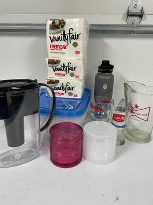 Brita pitcher, and glasses, plastic containers, napkins, Britta, water, pitcher, and more