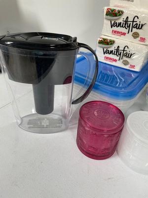 Brita pitcher, and glasses, plastic containers, napkins, Britta, water, pitcher, and more