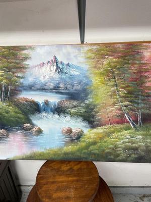 Vintage table, canvas picture needs frame and wall decor