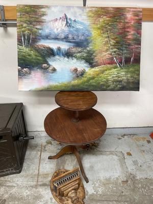 Vintage table, canvas picture needs frame and wall decor