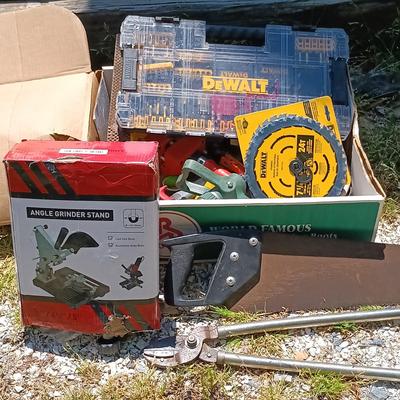 LOT 3: Angle Grinder Stand, Dewalt Drill Bits, Dewalt Saw Blades & More