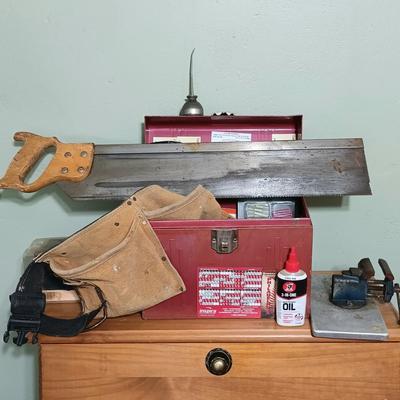 LOT 7: Vintage Acorn Chicago Tool Box with Small Anvil Vice & More