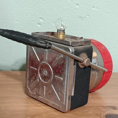 LOT 8: WWII Metal Military Helmet with Lantern Flashlight, Browning Submersible Flashlight & Army Hospital Frosted Mug
