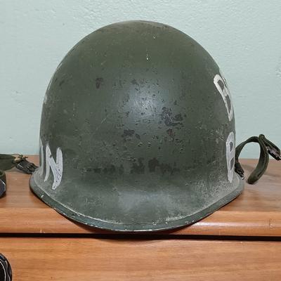 LOT 8: WWII Metal Military Helmet with Lantern Flashlight, Browning Submersible Flashlight & Army Hospital Frosted Mug