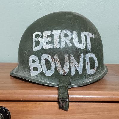 LOT 8: WWII Metal Military Helmet with Lantern Flashlight, Browning Submersible Flashlight & Army Hospital Frosted Mug