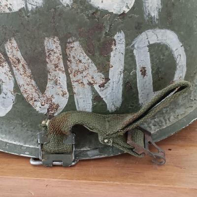 LOT 8: WWII Metal Military Helmet with Lantern Flashlight, Browning Submersible Flashlight & Army Hospital Frosted Mug