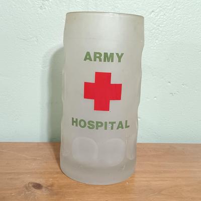 LOT 8: WWII Metal Military Helmet with Lantern Flashlight, Browning Submersible Flashlight & Army Hospital Frosted Mug