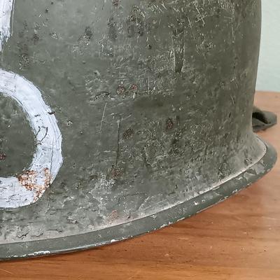 LOT 8: WWII Metal Military Helmet with Lantern Flashlight, Browning Submersible Flashlight & Army Hospital Frosted Mug