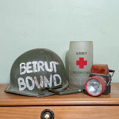 LOT 8: WWII Metal Military Helmet with Lantern Flashlight, Browning Submersible Flashlight & Army Hospital Frosted Mug