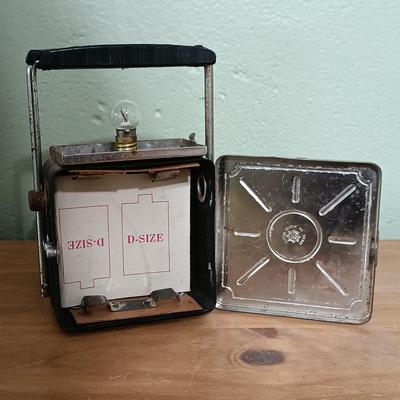 LOT 8: WWII Metal Military Helmet with Lantern Flashlight, Browning Submersible Flashlight & Army Hospital Frosted Mug