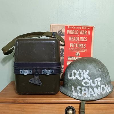 LOT 9: WWII Metal Military Helmet with Infrared Case & World War II in Headlines and Pictures 1946