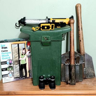 LOT 10: Vintage Military Folding Shovels, Woodstream Hunter Seat, Carton 4x30 Binoculars & More