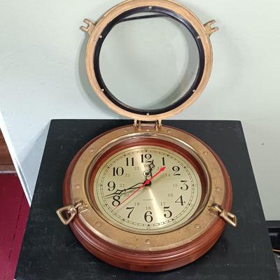 LOT 13: Bey Berk Brass Porthole Clock with Wooden Ship's Wheel Mirror & Lighthouse Wall Decor