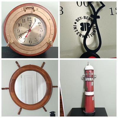 LOT 13: Bey Berk Brass Porthole Clock with Wooden Ship's Wheel Mirror & Lighthouse Wall Decor