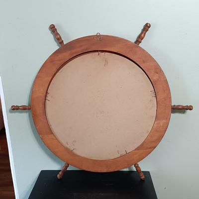 LOT 13: Bey Berk Brass Porthole Clock with Wooden Ship's Wheel Mirror & Lighthouse Wall Decor