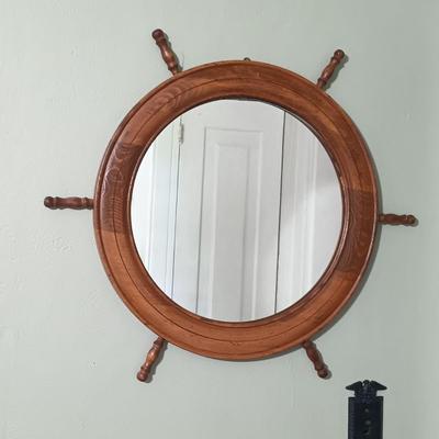 LOT 13: Bey Berk Brass Porthole Clock with Wooden Ship's Wheel Mirror & Lighthouse Wall Decor